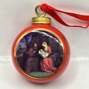 Rare Vintage Bethlehem Christmas Ornament Nativity Scene Portrait Porcelain Red